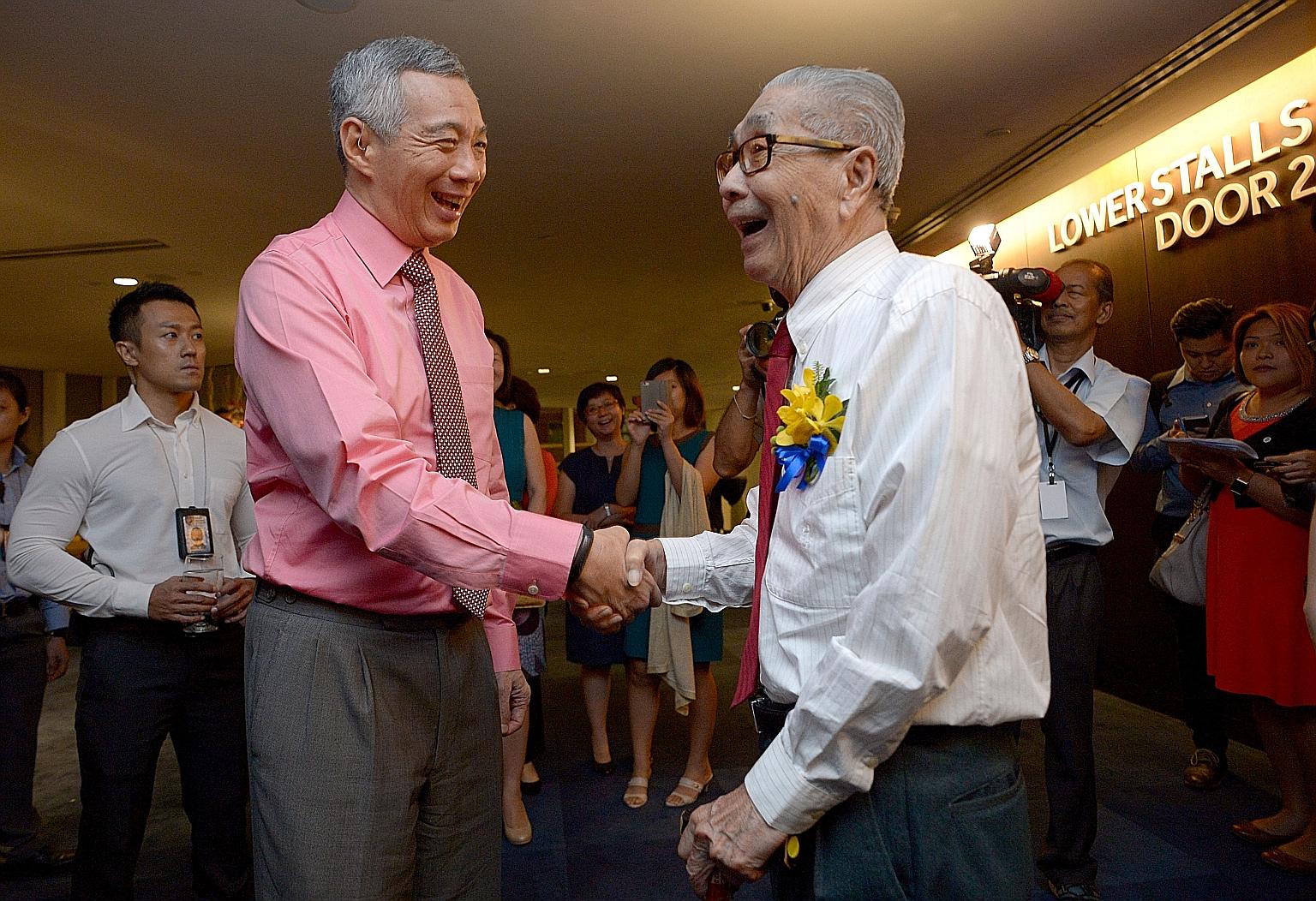 PM Lee with his father's old classmate, Mr Ceylon Lee, 94, who attended Telok Kurau English School, as the school was then called, as well as Raffles Institution with the late Mr Lee Kuan Yew.