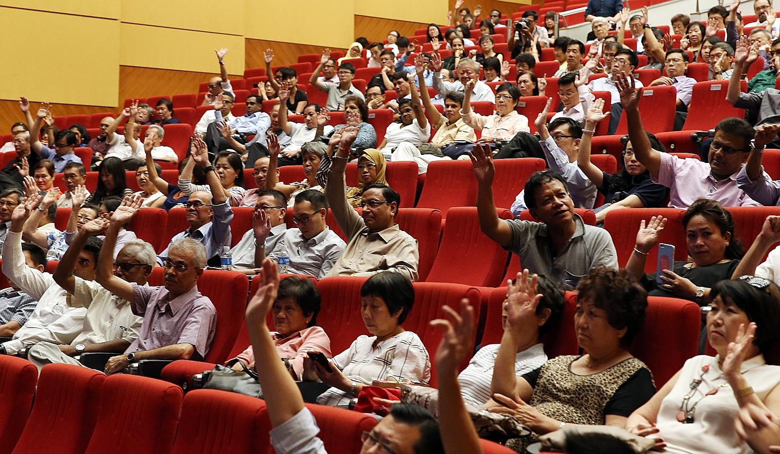 Community and grassroots leaders at the dialogue at ITE College East last night. During the session, Mr Shanmugam fielded questions and said the Government makes tweaks to the system that it feels are in the best interest of Singapore, even if the ch
