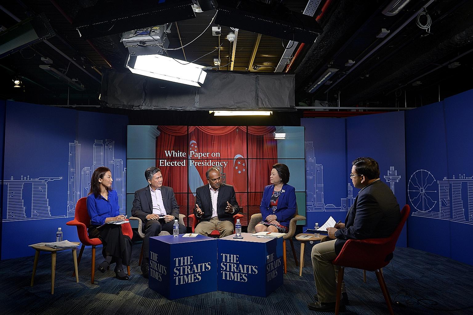 (From left) NUS law faculty assistant professor Cheah Wui Ling, Nominated MP Azmoon Ahmad, Law Minister K. Shanmugam, Institute of Policy Studies deputy director Gillian Koh and ST political editor and moderator Zakir Hussain at the Straits Times Rou
