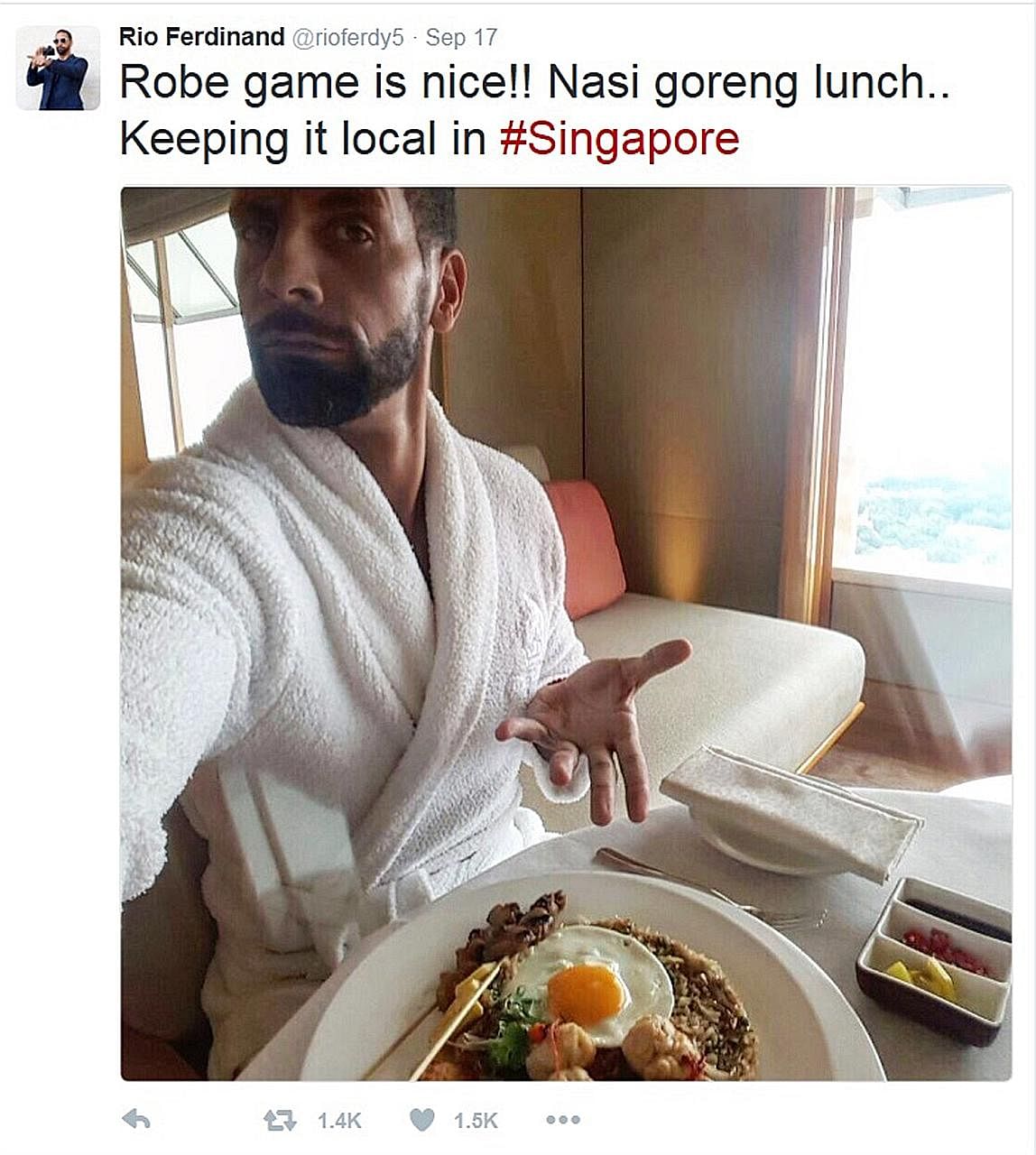 Rio Ferdinand posted on social media a photo of himself with the dish in his hotel room.