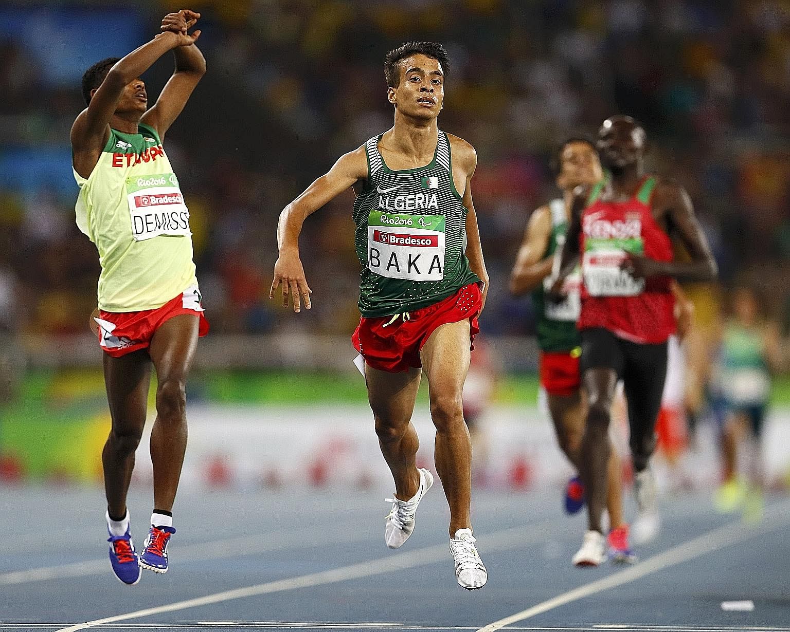 Abdellatif Baka of Algeria (right) won the T13 1,500m in a new Paralympic, Olympic and world record time in Rio de Janeiro, while Tamiru Demisse of Ethiopia took the silver.