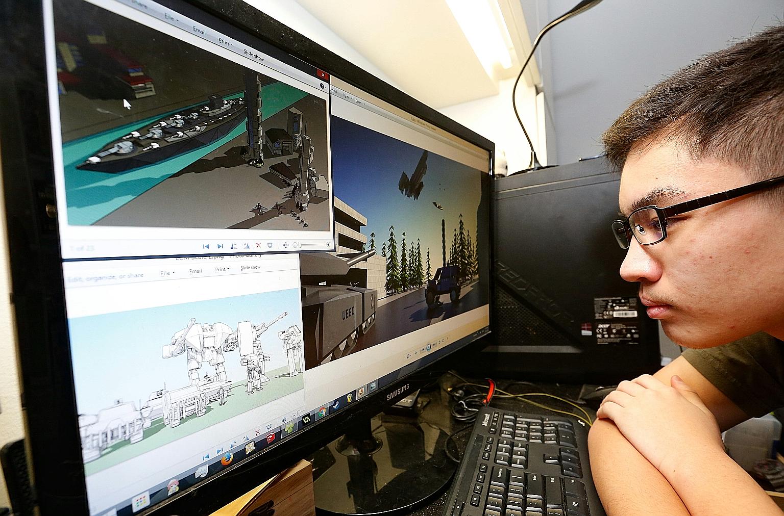 Joshua Ng, showing some of the 3D graphics models he has done. He developed an interest in 3D modelling and animation in Sec 2 and his passion for his hobby has helped him earn a spot in Ngee Ann Polytechnic's diploma in animation and 3D arts through