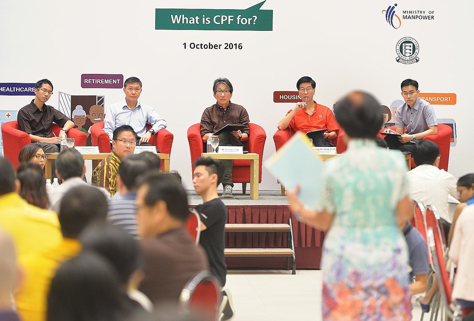 The panel at yesterday's dialogue comprised (from left) Mr Gregory Chia, policy department director at CPF Board, Mr Ng Chee Peng, chief executive of CPF Board, Manpower Minister Lim Swee Say, panel moderator and People's Association chief executive 