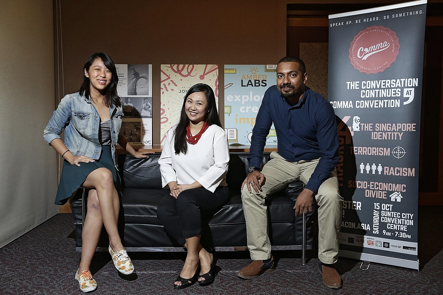 Comma Convention co-organisers (from left) Joanelle Toh, 20; Shahrany Hassan, 41; and Shahrman Nayan, 28. Their aim is to get 500 young people talking frankly about thorny issues like race and religion, terrorism, xenophobia and poverty.
