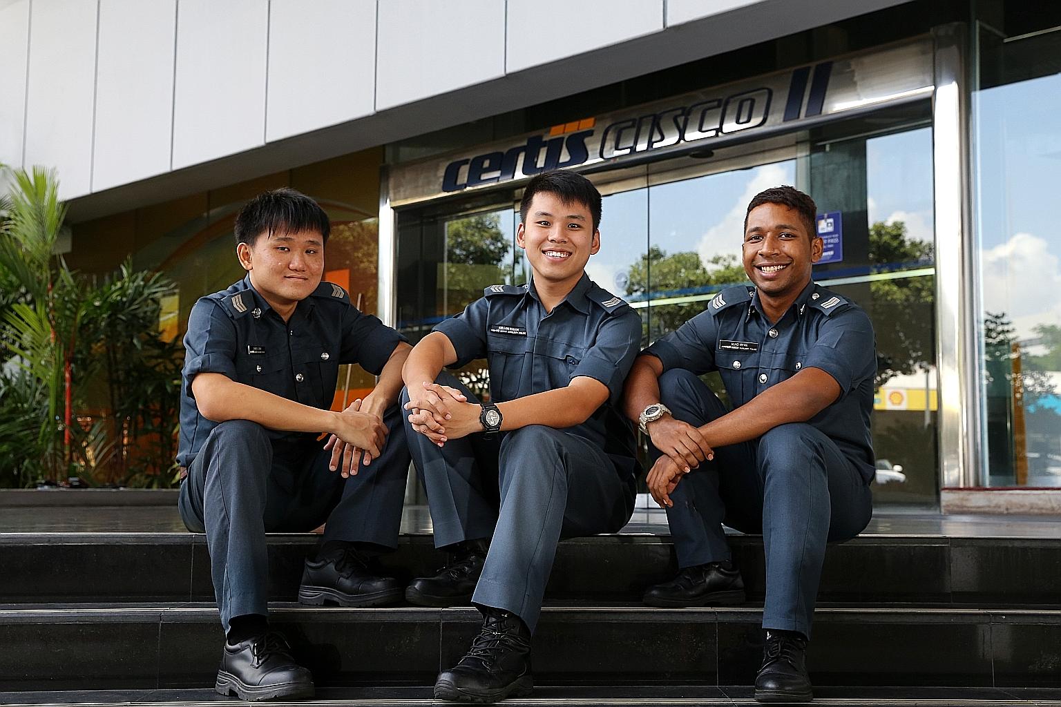 Certis Cisco part-time auxiliary officers (from left) Damien Chew, 28; Kelvin Khaw, 26; and Muhd Irfan, 24. Part-timers like them make up about 60 per cent of the security firm's 300 part-time APOs.