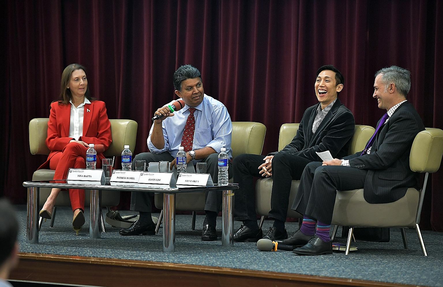At the Singapore Press Club panel yesterday to discuss the US presidential race were (from left) Ms Datta of Republicans Overseas Singapore, moderator and SPH deputy CEO Mr Daniel, Prof Lim of NUS and Mr Okun, who sits on the board of the American Ch