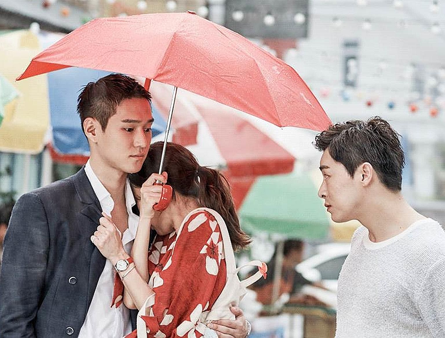 Fashion tycoon Go Jung Won (far left, played by Ko Kyoung Pyo) and his best friend Lee Hwa Shin (right, Cho Jung Seok) are in love with weathergirl Pyo Na Ri (centre, Kong Hyo Jin) in Jealousy Incarnate.