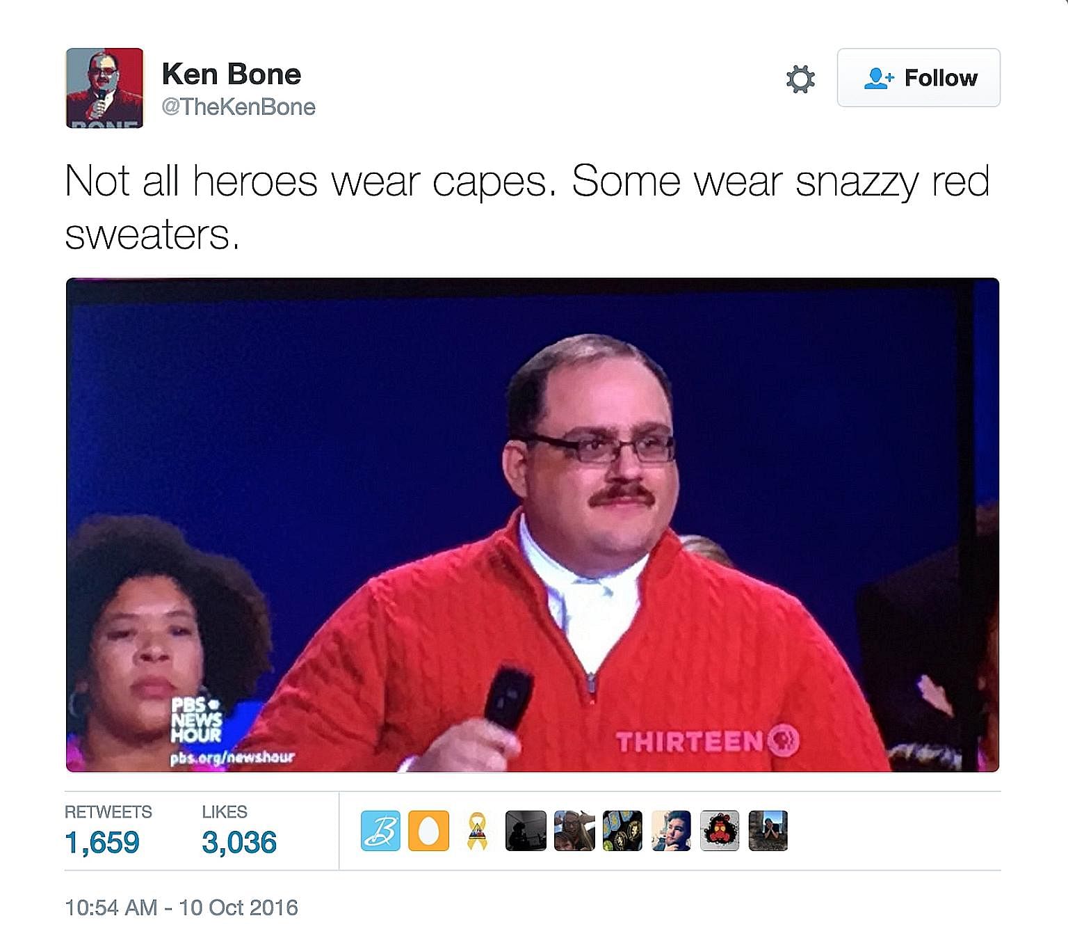 Mr Kenneth Bone had initially intended to wear an olive-coloured suit, but donned a red fleece sweater when he split his trousers while getting into his car. His earnest demeanour at a United States presidential debate has made him an Internet hit.