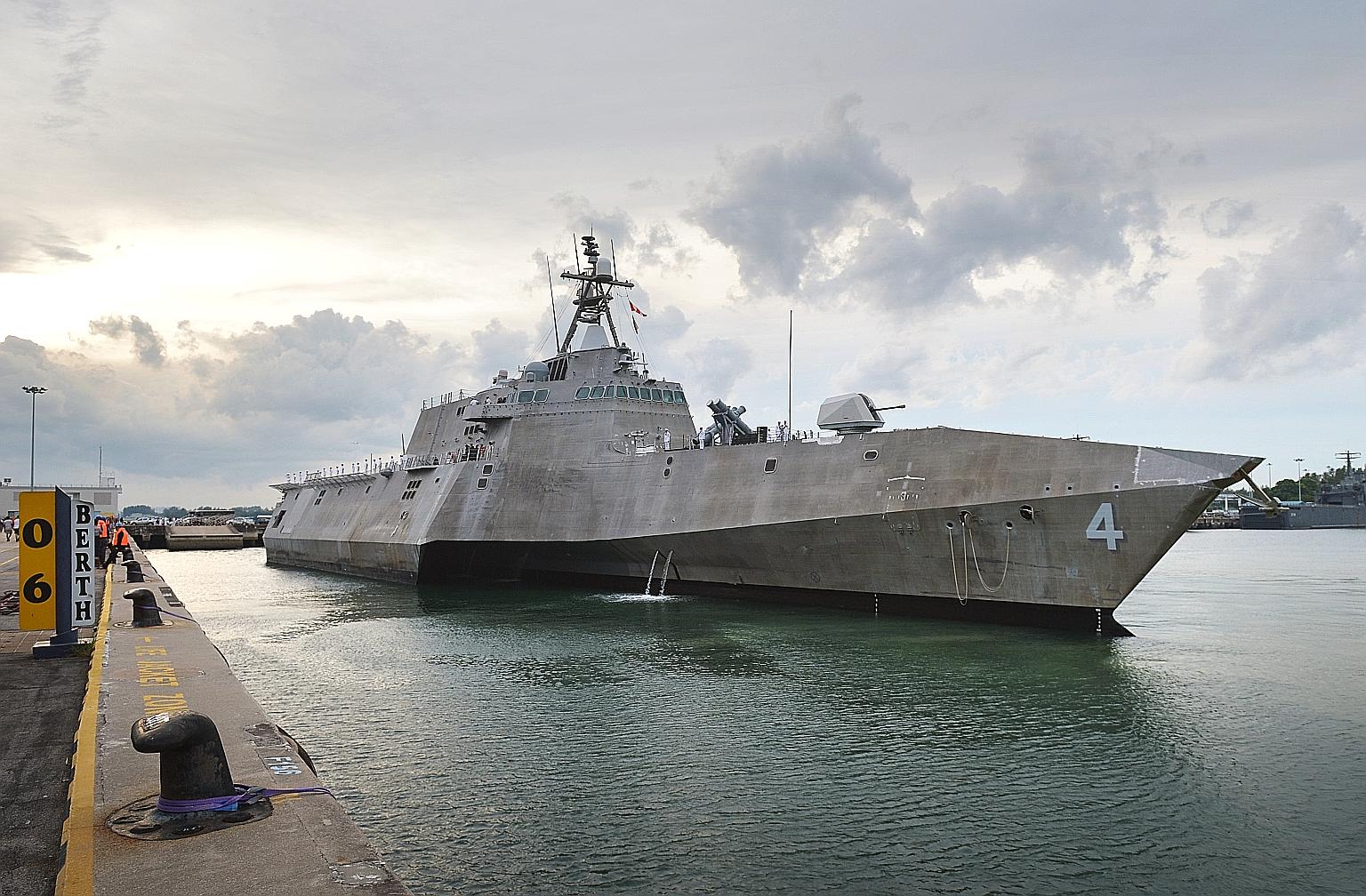 A United States combat ship designed to operate close to shore arrived here yesterday to begin a deployment in the Indo-Asia-Pacific region. USS Coronado's arrival marks the first time an Independence-variant littoral combat ship has been deployed to