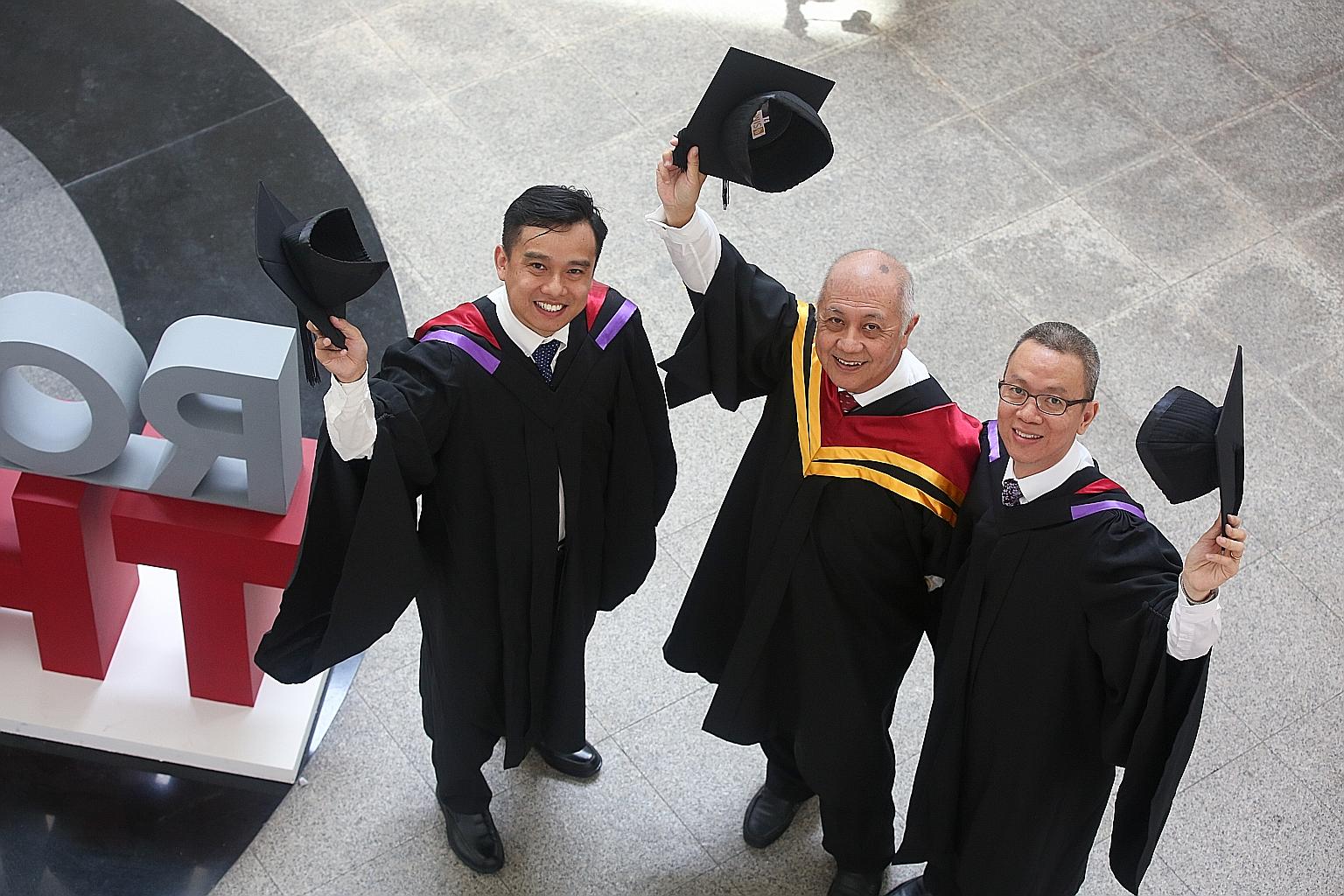 From far left: Mr Jon Tan, 40, Mr George Thia, 67; and Mr Lee Kam Hoong, 46; were among 2,400 students who received their degree scrolls over five sessions at the 11th UniSIM convocation.
