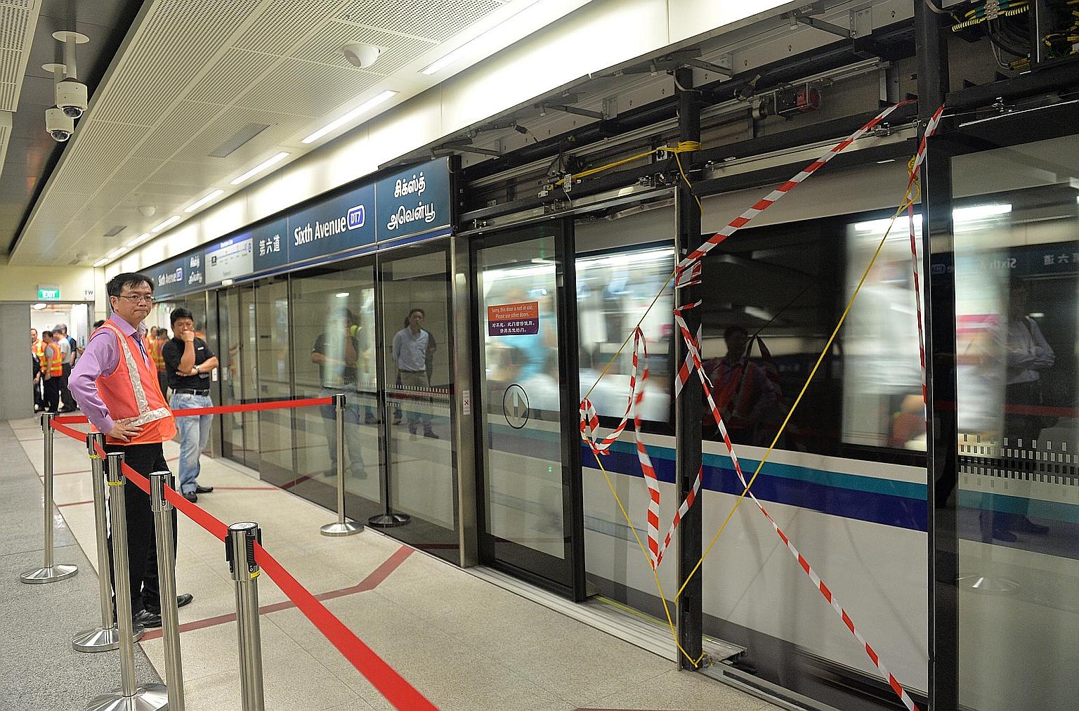 An area at Sixth Avenue MRT station was cordoned off on Oct 4 after a faulty platform door got unhinged, came into contact with a train, and shattered. The LTA and SBST have taken steps to improve the doors' design.