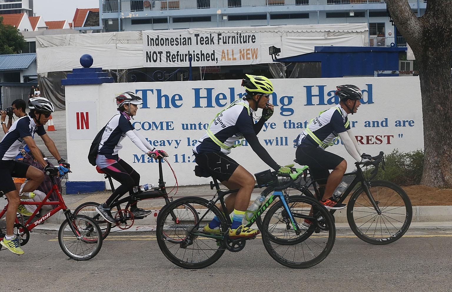 Cyclists taking part in the event yesterday to raise awareness of The Helping Hand and encourage its residents to take up cycling.
