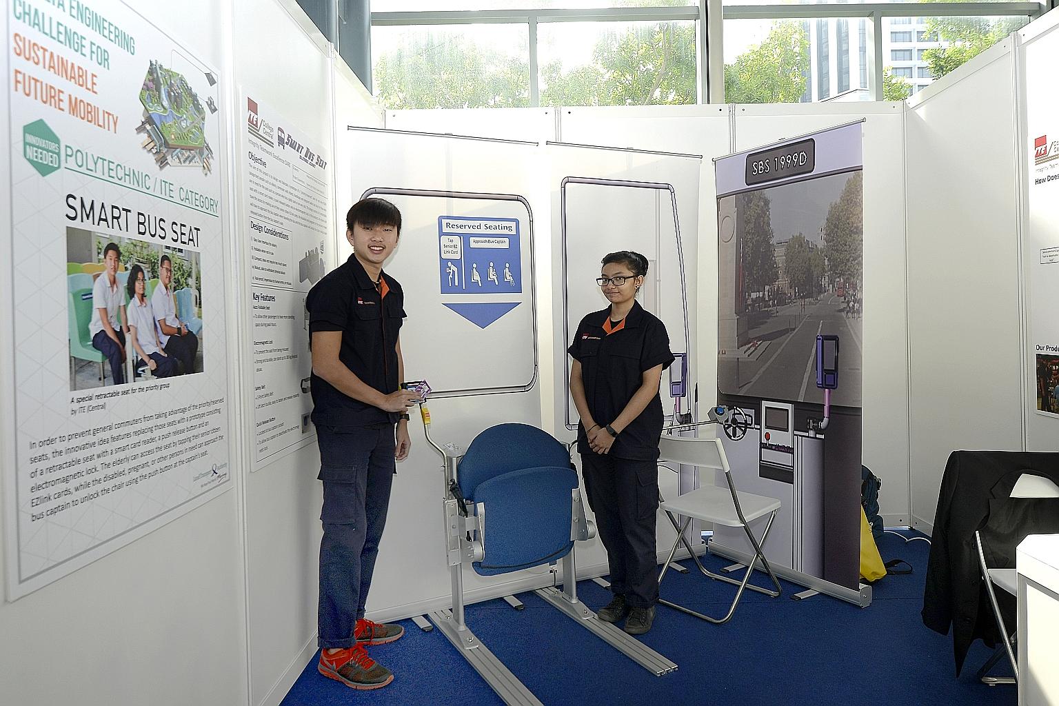 Linus Lim and Maizurah Razali with their Smart Bus Seat prototype, which cost $650 to build. Both ITE College Central students are sharing the $5,000 cash prize for the silver award. No one took the gold award.