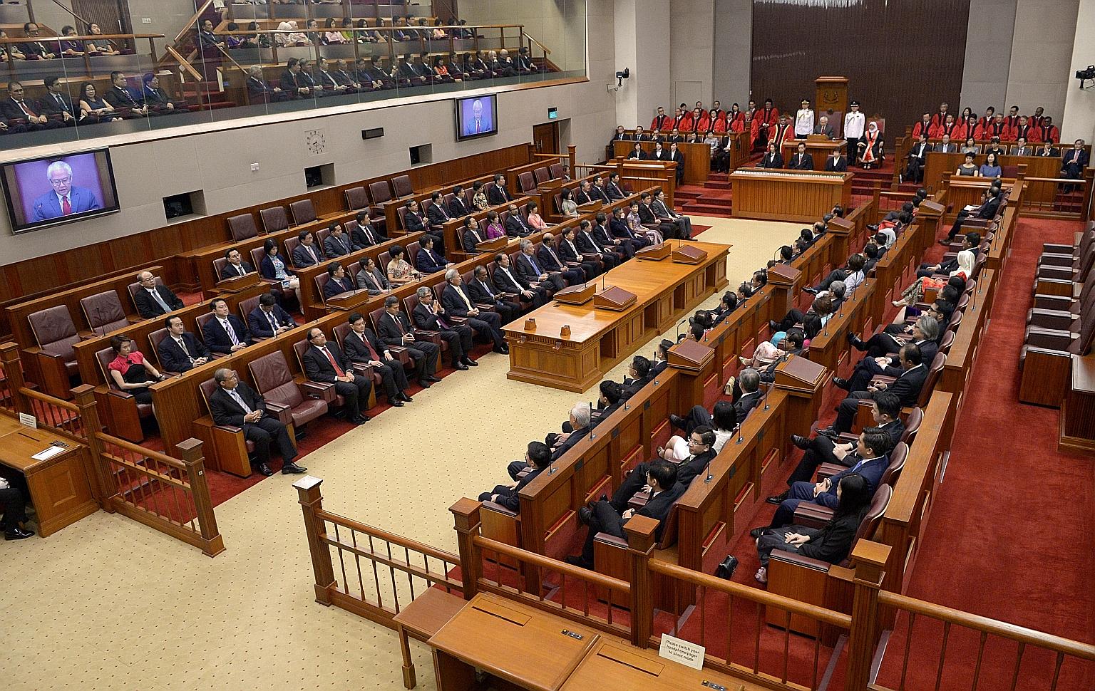 President Tony Tan Keng Yam addressing the 13th Parliament at its opening session on Jan 15. Yesterday, PM Lee stressed the importance of the elected presidency as a safeguard in the political system, during the second day of debate in Parliament on