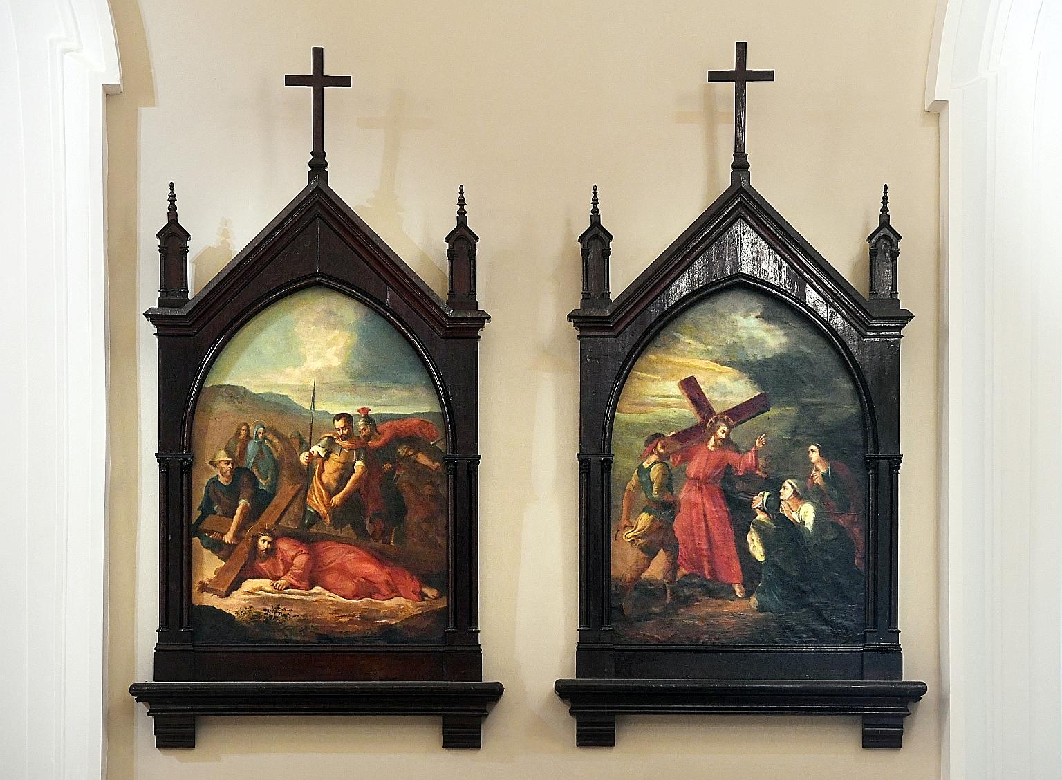 The cathedral's crucifix has been hung in its original position and the marble altar put up. Back in place also are the semi-circular stained glass panels above the doors, the chandeliers and the Stations of the Cross paintings. The cathedral also ha
