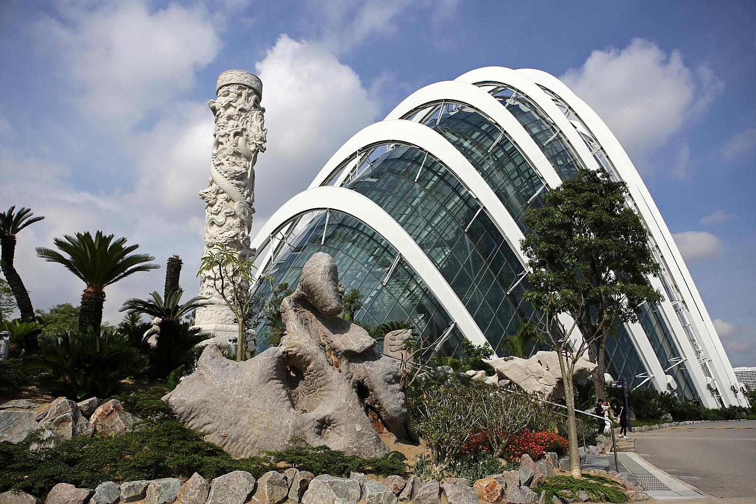 Designed by Japanese landscape designer Jun-ichi Inada, The Canyon features Singapore's largest collection of sculptural rocks. Shaped by weather and time, several of them are more than 1,000 years old. The 10m-high granite Huabiao, or Chinese totem,