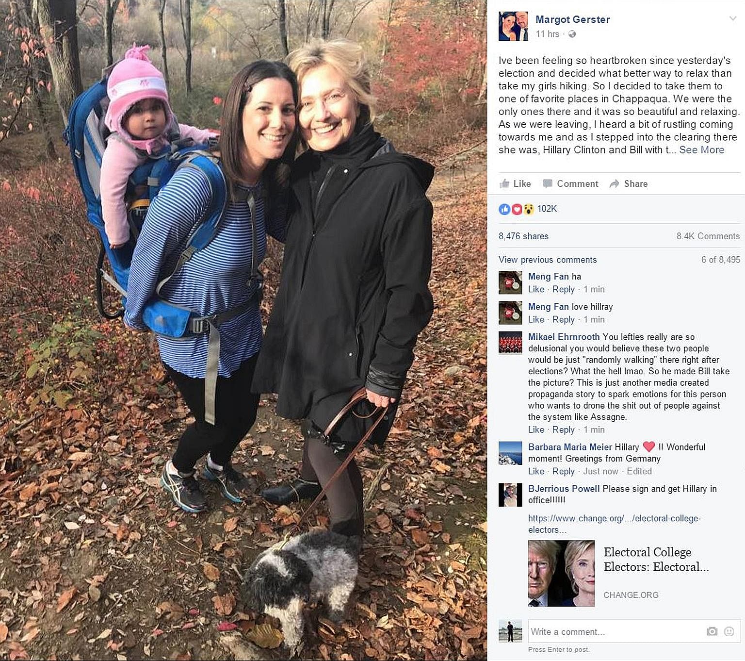 Ms Gerster posted a photo of her chance meeting with Mrs Clinton during a hike in Chappaqua, New York, on Thursday, to "make people smile".