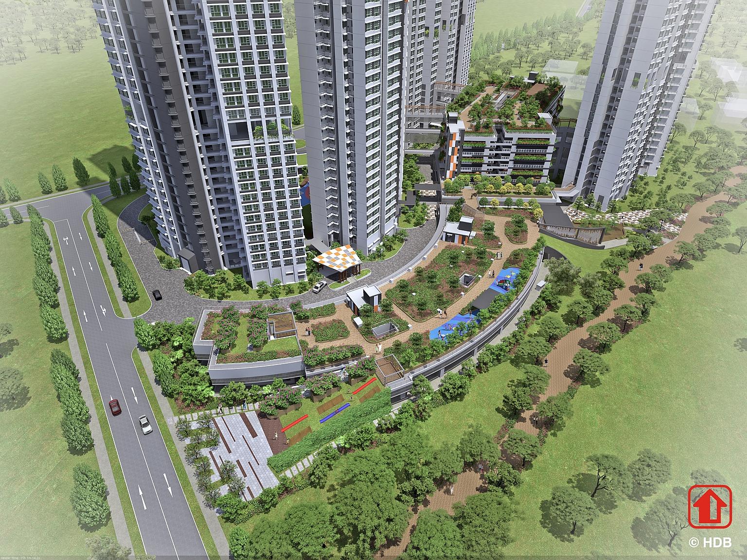 An artist's impression of SkyOasis @ Dawson. It is one of three public housing projects awarded landscaping and greenery certifications.