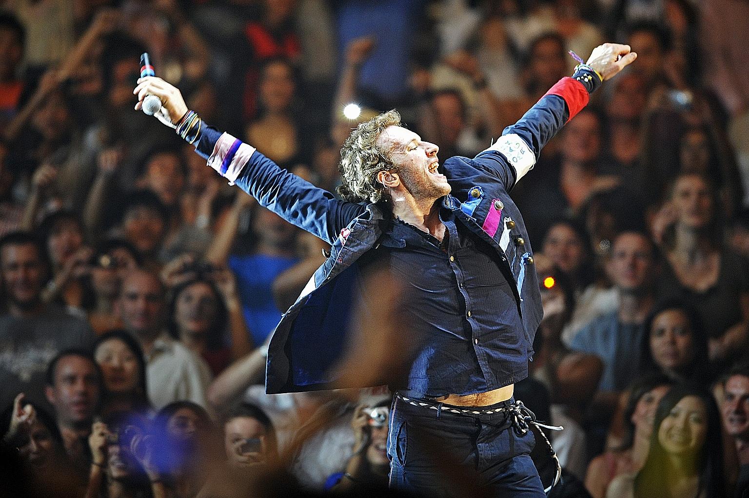 Coldplay frontman Chris Martin at the band's concert at the Singapore Indoor Stadium in 2009. The British band's upcoming concert here will be held on April 1 next year.