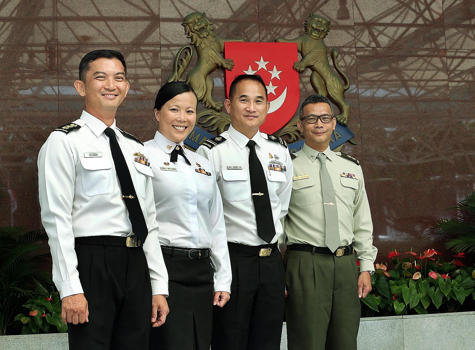 Among those who received the medal are (from left) Colonel Cheong Kwok Chien, Military Expert 3 Long Lin Jun, Military Expert 4 Roger Koh Kwang Hui and Lieutenant- Colonel (NS) Mark Benjamin Ortega.
