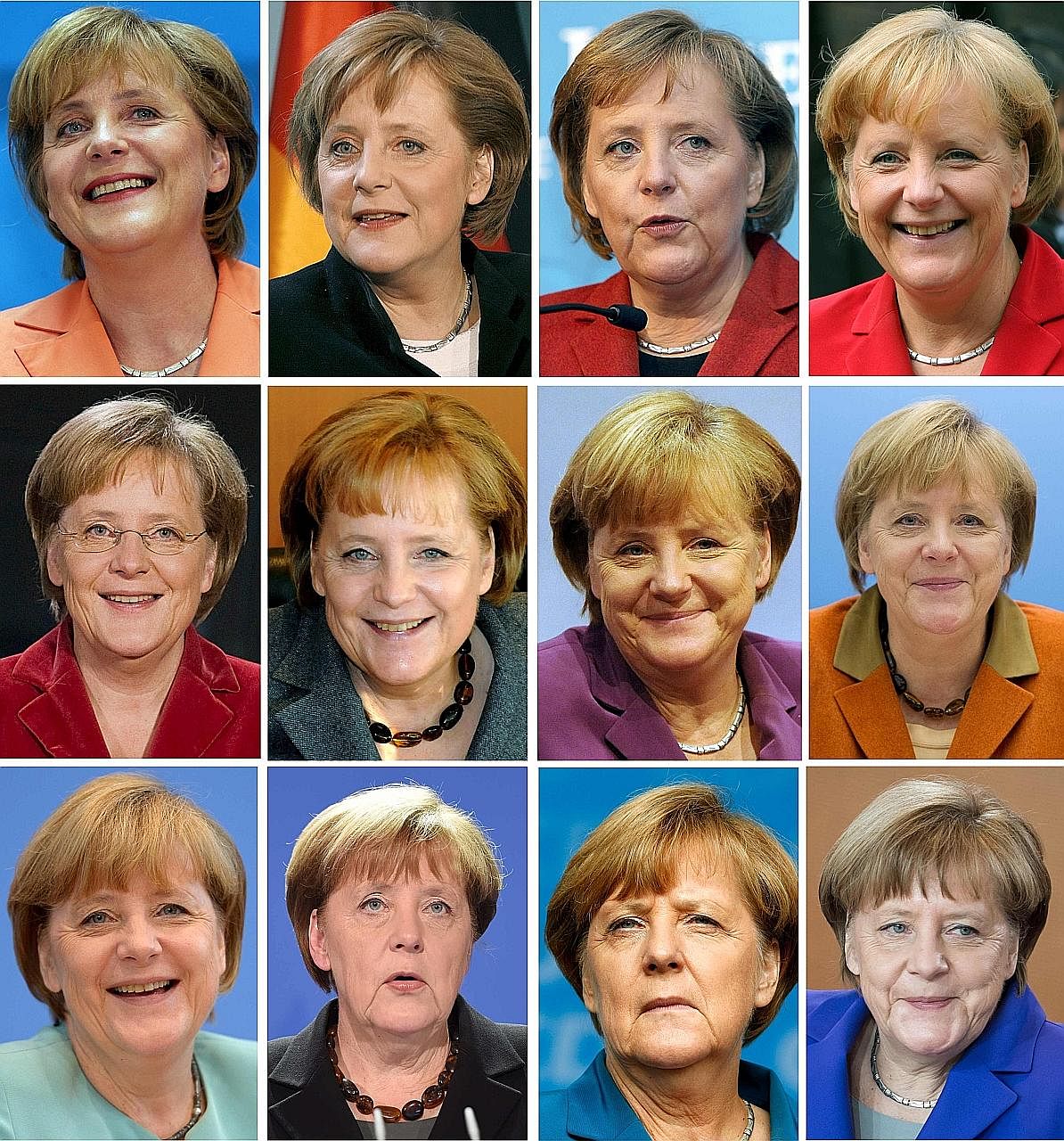 A pictorial record of German Chancellor Angela Merkel's years in office: (top row, from left) 2005, 2006, 2007, 2008 (second row from left) 2009, 2010, 2011, 2012, and (third row from left) 2013, 2014, 2015, 2016.