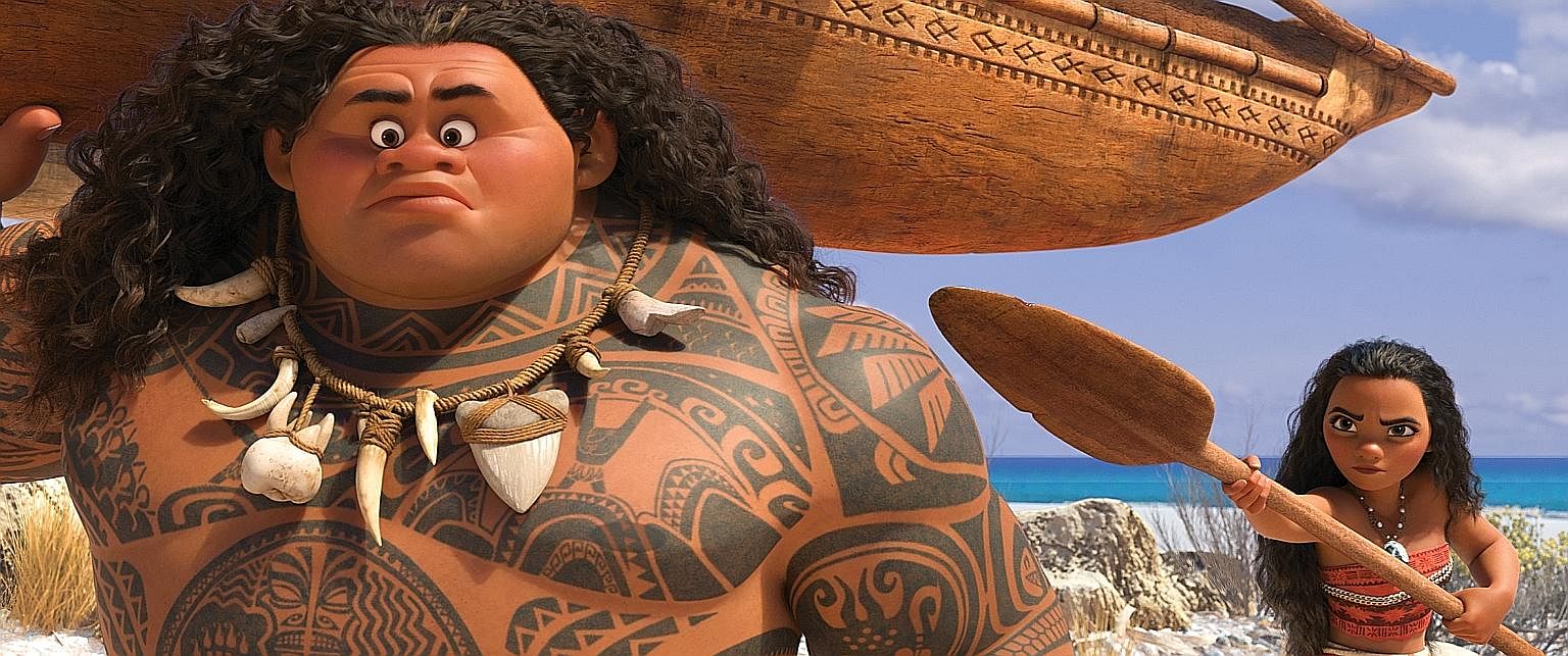 Demigod Maui (left, voiced by Dwayne Johnson) lends a hand to Moana's (Auli'i Cravalho) quest to look for a mythical island.