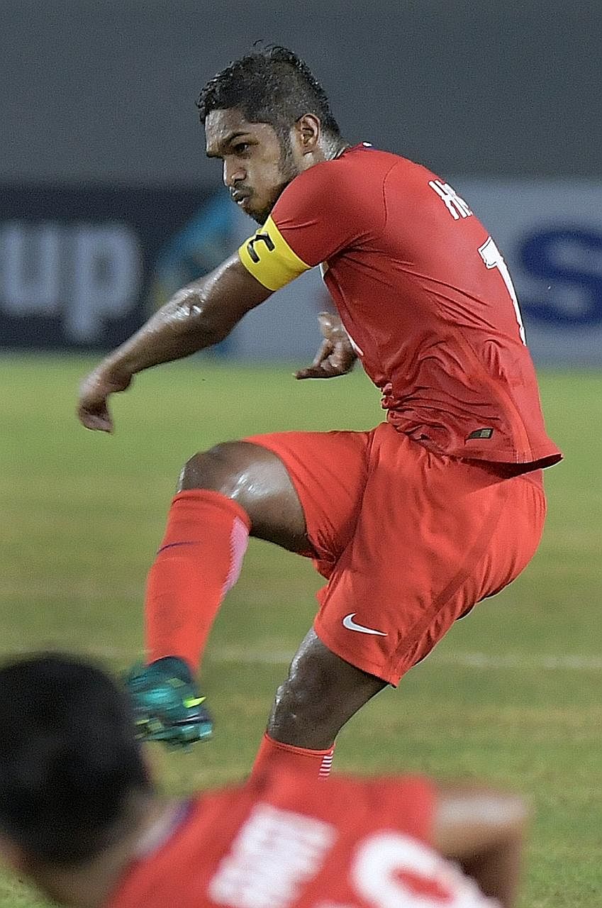 Hariss Harun shooting against the Philippines last Saturday. He stresses the need for an early goal against Indonesia.