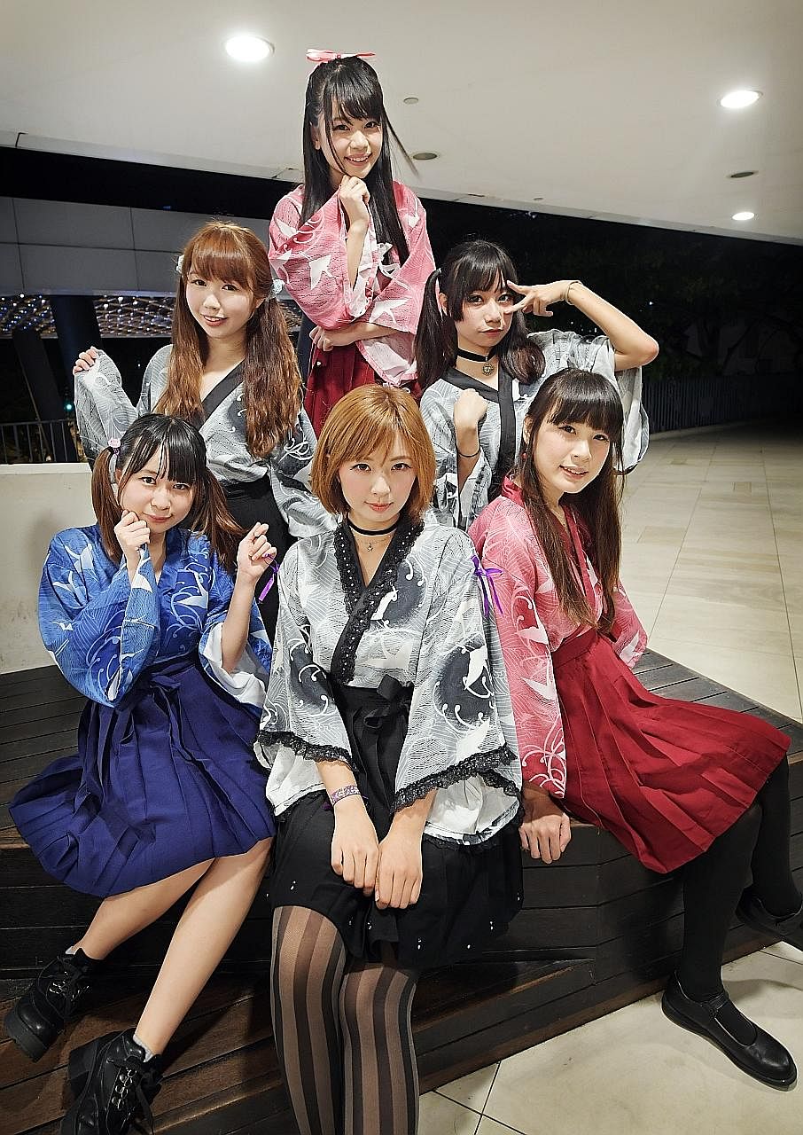 The girls from Tokimeki Jump (bottom row, from left) Elin Ng (Naru), 18; Moon Ng (Natsumi), 24; Jessica Wang (Yuika), 25; (second row, from left) Trina Lim (Yuki Mao), 21; Regina Lai (Reiko), 19; (top row) Joslyn Ang (Suzume), 22.