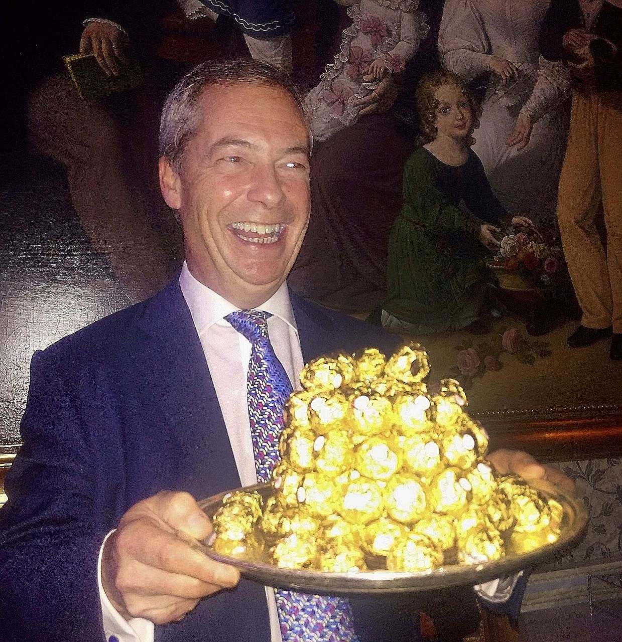 Mr Farage, who has been backed by Mr Donald Trump to be Britain's next US ambassador, in a spoof of the 1990s Ferrero Rocher ad - that was set at an "ambassador's reception" and included the oft-quoted line "You are really spoiling us" - during a par