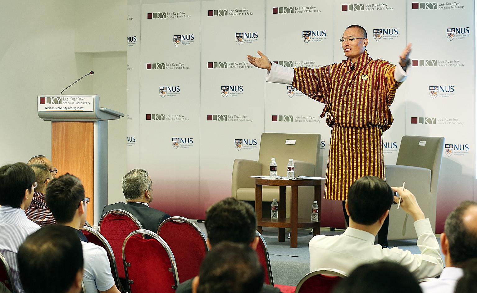 Bhutan's Prime Minister Tshering Tobgay during his lecture yesterday, which was on his country's road to democracy.