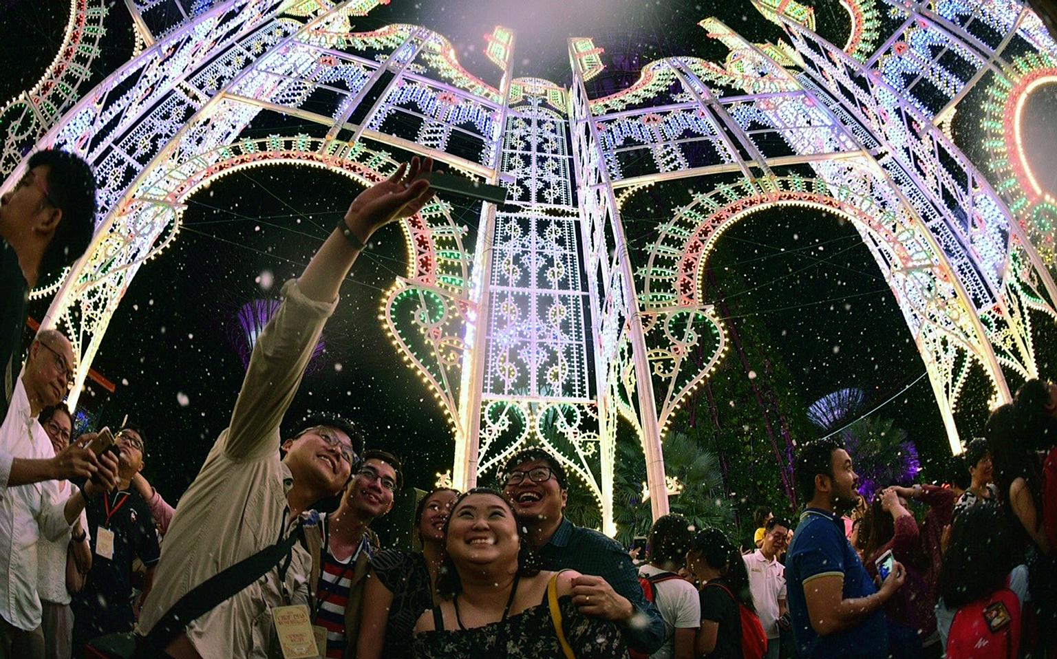 (From left) Mr Neo Wee Wu, 33, taking a wefie with Mr Yeo Hong Peng, 26; Ms Zheng Hui Wen, 28; Ms Christina Chung, 32; and Mr Winston Chua, 36, at the Spalliera Castel del Monte light installation at Gardens by the Bay last night, as "snow" fell arou
