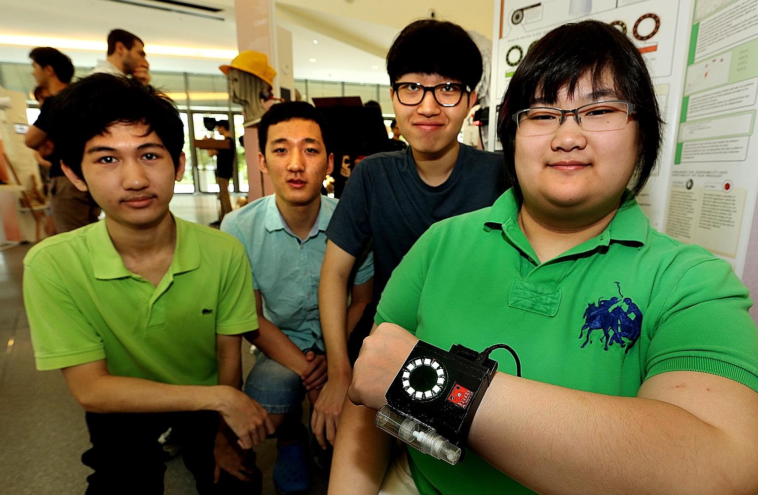 (From left) Students Lin Yuet Tung, 19; Hao Wei Ning, 18; Kin Seung Kyu, 20; and Phoebe Chew, 19, are part of the five-member team that created Meww, a wearable mosquito warning device.