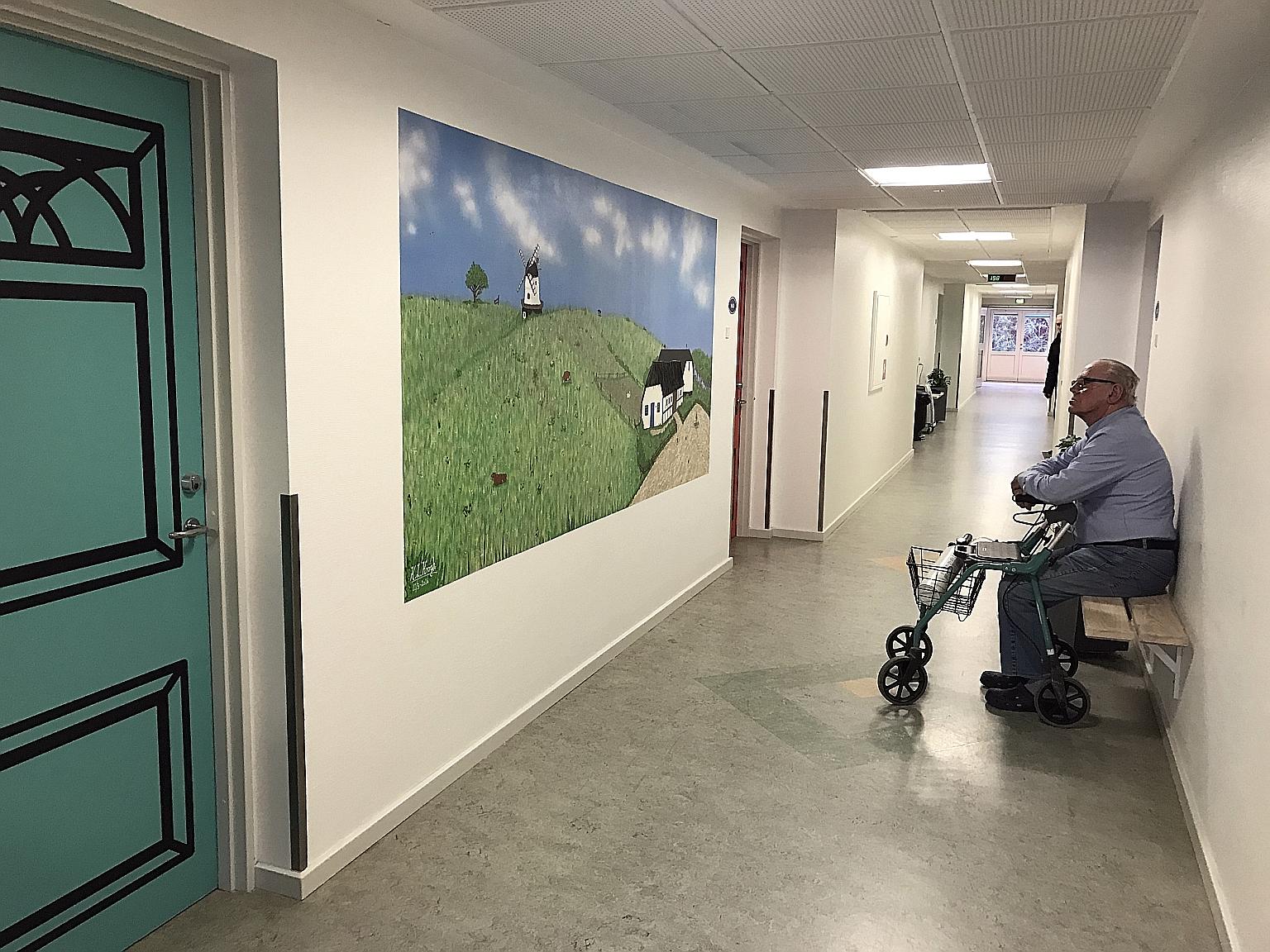 This painting that dementia patient Hans H. Hansen, 88, is looking at is one of the paintings at Havebaek nursing home in Odense that help patients with dementia relax and reminisce.