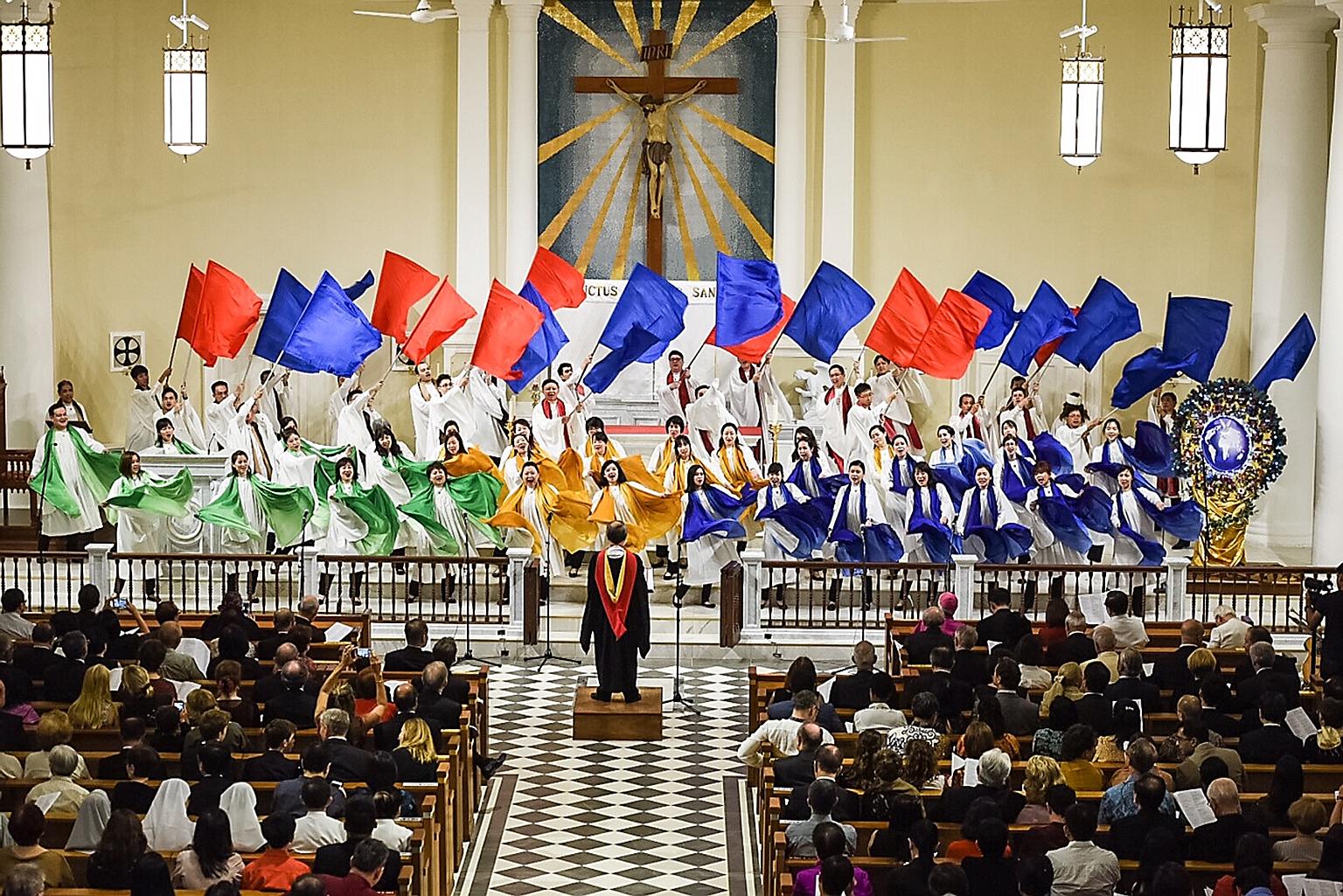 The Cathedral Choir of the Risen Christ performing Mongolian song Tree Festival Song at the Cathedral of the Good Shepherd last night. The song was part of the choir's concert of sacred, festive music titled Home For Christmas. More than 70 voices br