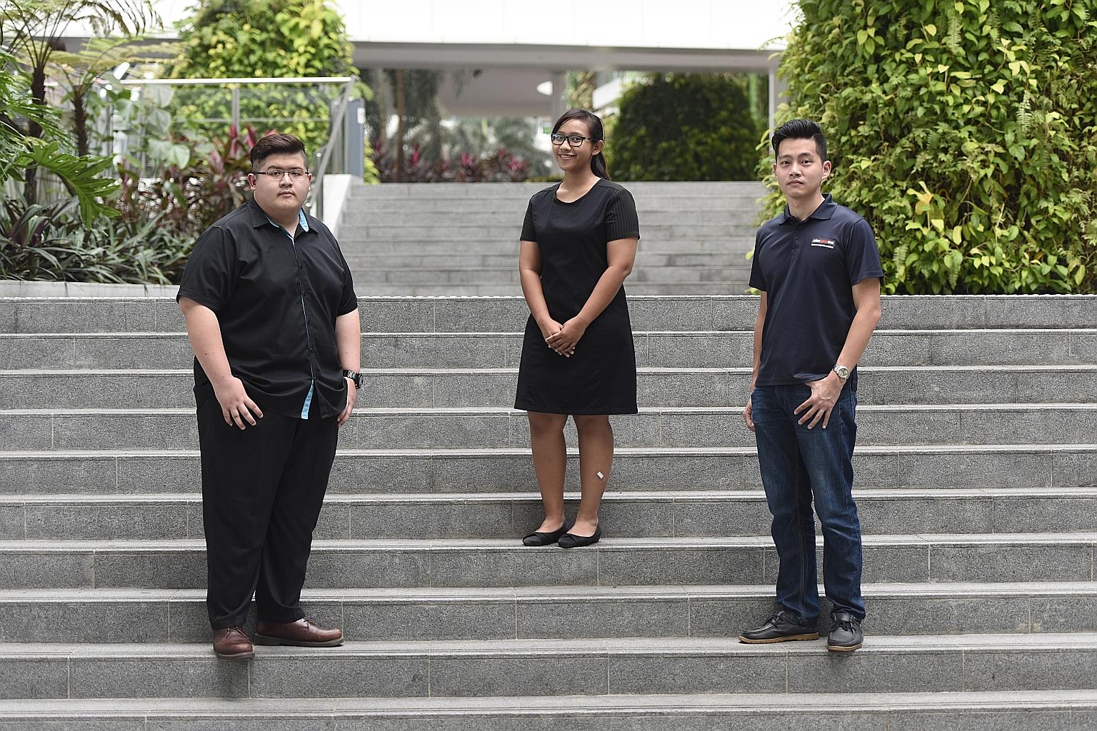 Mr Dino Tan (far left) said his course in space design technology has equipped him with essential workplace skills. Nur Sabrina Norazmi said ITE lecturers play a key role in helping students learn. ITE graduate Lim Hong Jin took a Technical Engineer 
