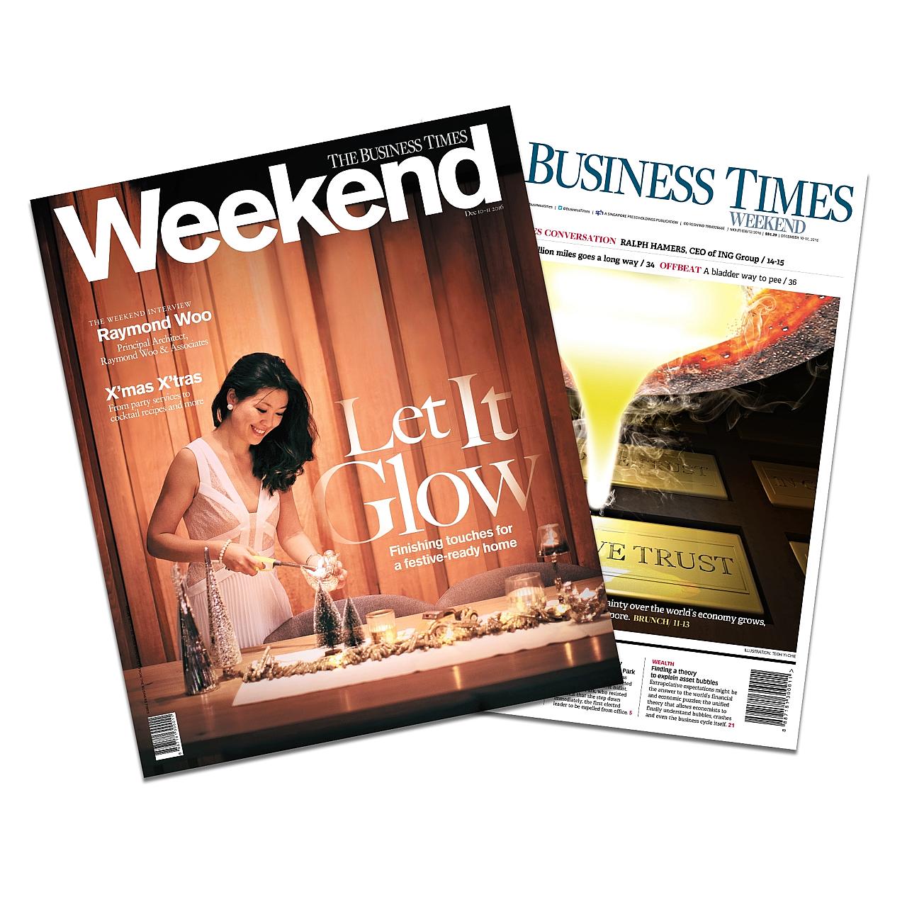 The Business Times Weekend comes with a wrap-around luxury lifestyle magazine called Weekend, which was revamped as a leisurely weekend read during the relaunch.