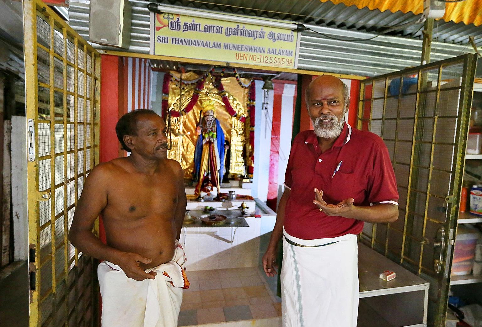 Shrine treasurer Adaikalam Annadhurai (right) and Mr Thirunaukarasu Adaikalam (far right), who heads the management committee, say if they had to move, they would prefer another site along the Rail Corridor.