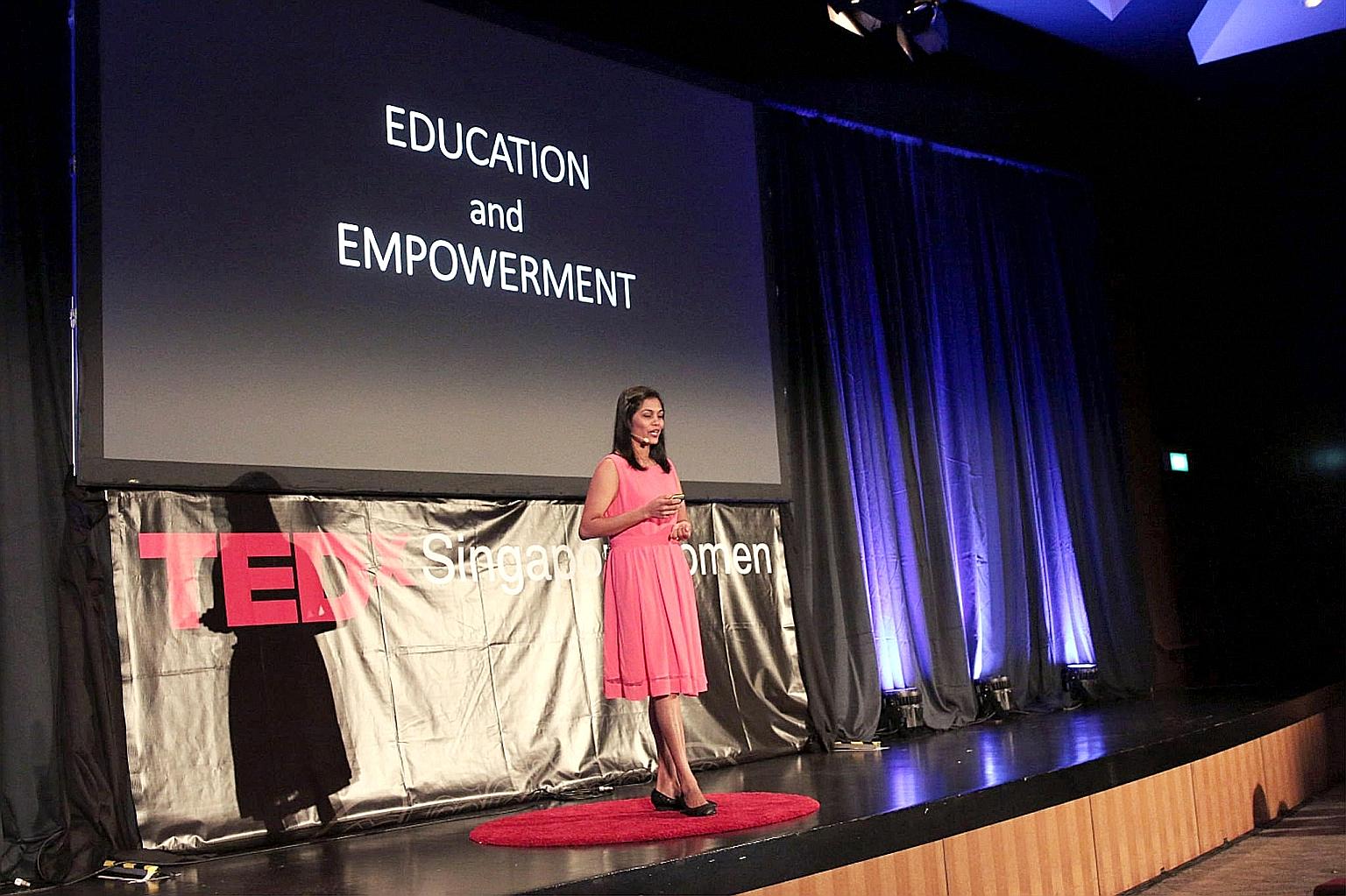 Ms Nilushika Jayaweera giving a talk at TEDxSingapore in October. She grew up in an orphanage after her parents died and left Sri Lanka for Singapore to earn a living.