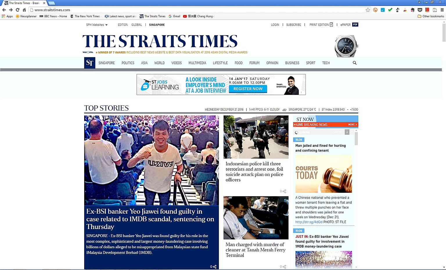 The Straits Times website (above) took top spot in the local news and current affairs category, while online news portal AsiaOne - another website in the SPH stable - came in third.