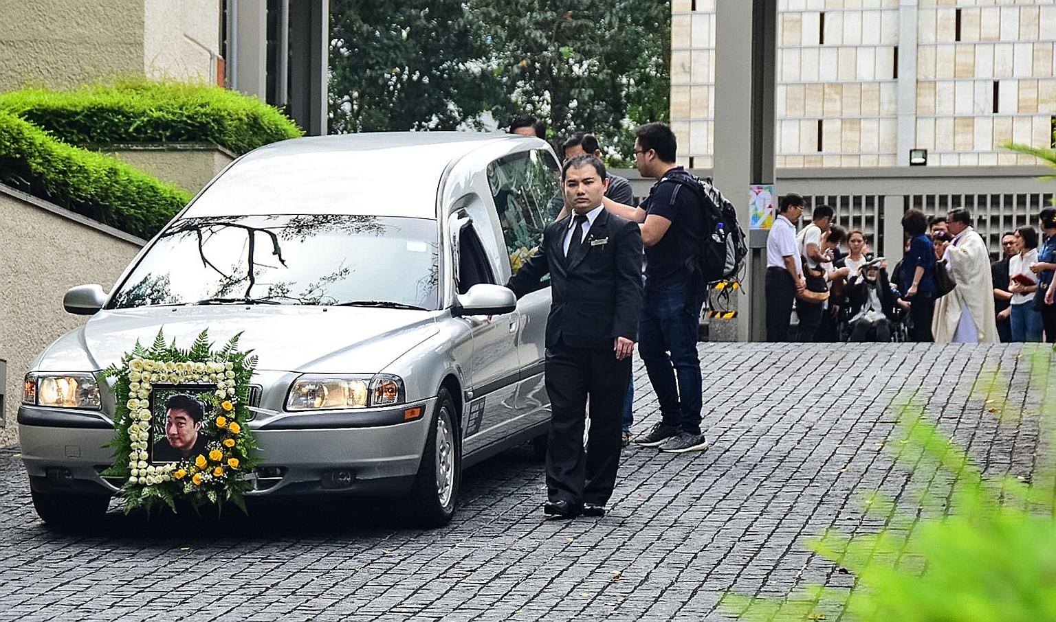 Among those at the funeral of Mr Jackie Liong at the Church of St Mary of the Angels in Bukit Batok (above) yesterday were his parents and his wife, who was injured in the crash. Ms Venny Oliver was in a wheelchair, her head wrapped in a scarf.