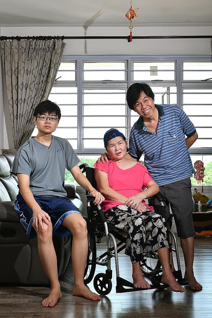 Madam Ang before the incident (above), and (left) with her husband, Mr Leong, and their son Dominic. Mr Leong says: "No matter how tough it gets, I'll want to take care of her and stay by her side."