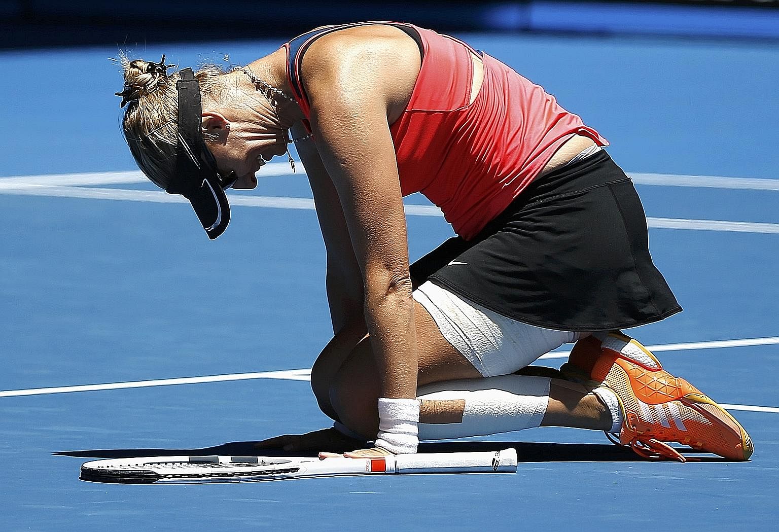 Mirjana Lucic-Baroni, the world No. 79, is overcome by emotion after her 6-4, 3-6, 6-4 Australian Open victory against Karolina Pliskova in the quarter-finals yesterday.