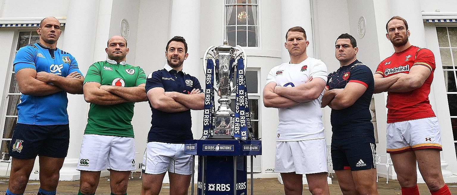 From left: Captains Sergio Parisse of Italy; Rory Best of Ireland; Greig Laidlaw of Scotland; Dylan Hartley of England; Guilhem Guirado of France; and Alun Wyn Jones of Wales with the Six Nations Trophy during the launch of the 2017 tournament at The
