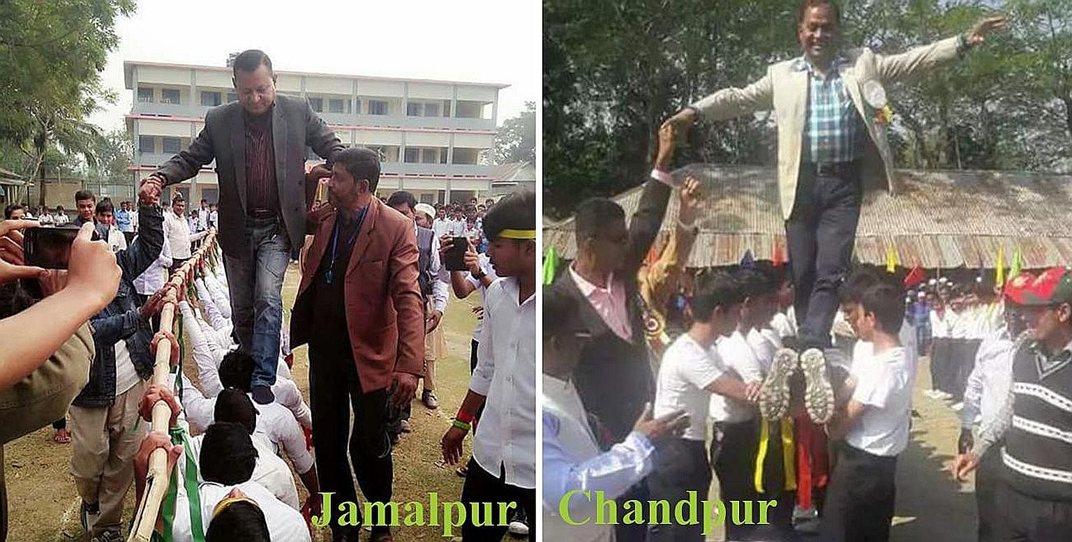 A screen grab from a video posted on social media shows a businessman in Jamalpur and a politician in Chandpur walking on "human bridges" at schools.