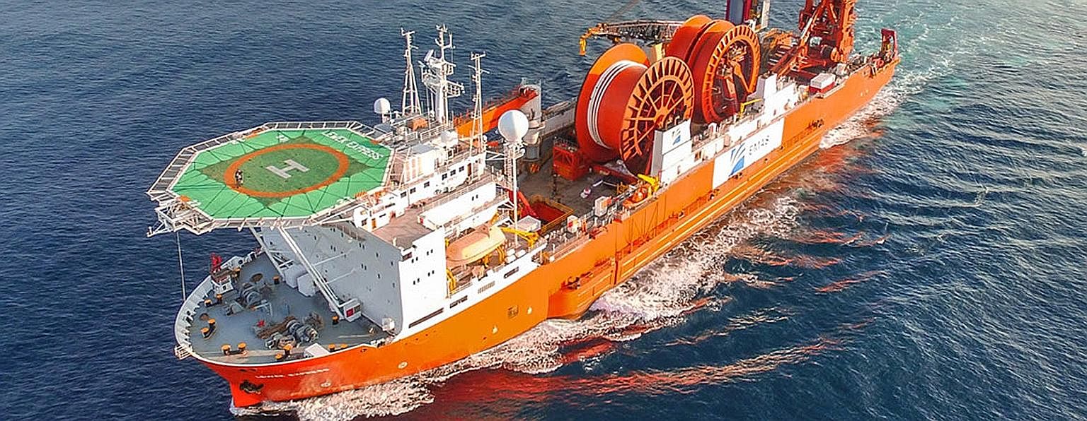Ezra Holdings has yet to say anything about an arrest warrant for one of Emas Chiyoda's vessels, the Lewek Express (above), obtained by Bibby Offshore. Emas Chiyoda, in which Ezra holds a 40 per cent stake, said on Tuesday it has filed for bankruptcy