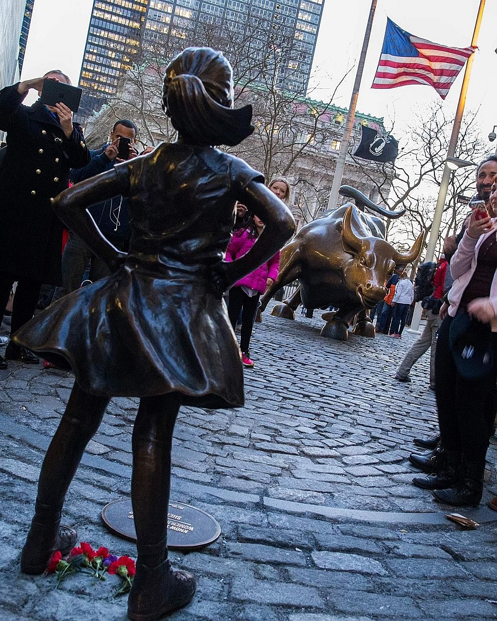 Fearless Girl, created by sculptor Kirsten Visbal, was placed at Bowling Green in honour of International Women's Day this month. She has spent the last few weeks in a face-off with Wall Street's well-known Charging Bull, and will do so until March 8