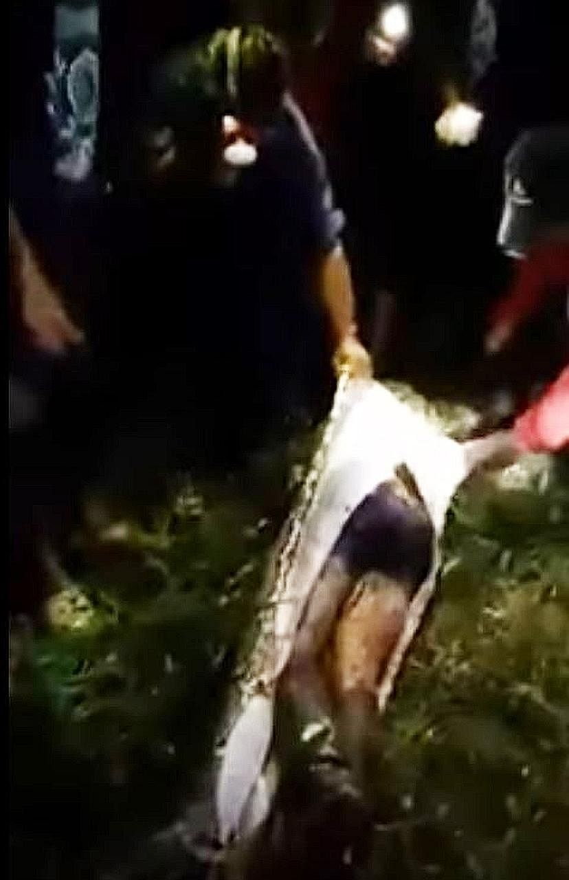 Video footage shows the body of Mr Akbar being removed as the python's leathery skin is cut open and peeled away.
