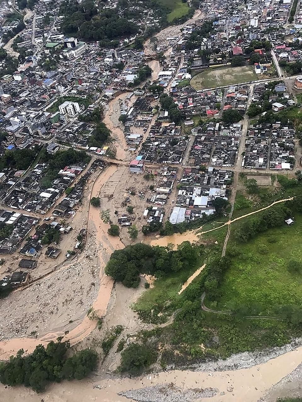 An aerial view of mudslides in Mocoa, caused by heavy rain last Friday. Colombian President Juan Manuel Santos said 30 per cent of monthly rainfall fell on Friday night, causing a rise of several rivers.