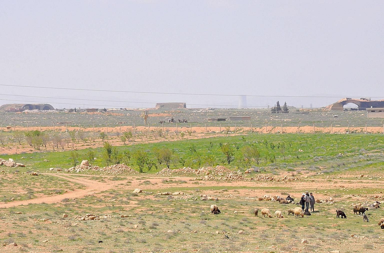 Syrian shepherds near the damaged Shayrat airfield, the Syrian government military base targeted last Thursday by US Tomahawk cruise missiles.