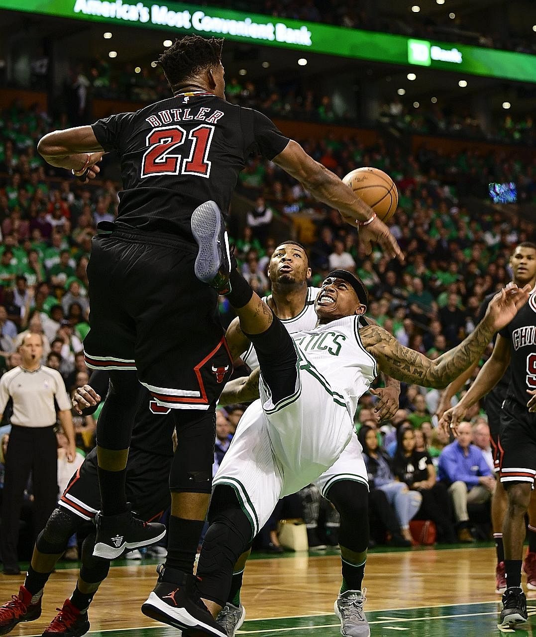 Bulls forward Jimmy Butler blocks Celtics guard Isaiah Thomas during Chicago's 111-97 victory over top seeds Boston in Game Two of their first-round Eastern Conference series. Butler, who had 22 points, eight rebounds and four steals, said the victor